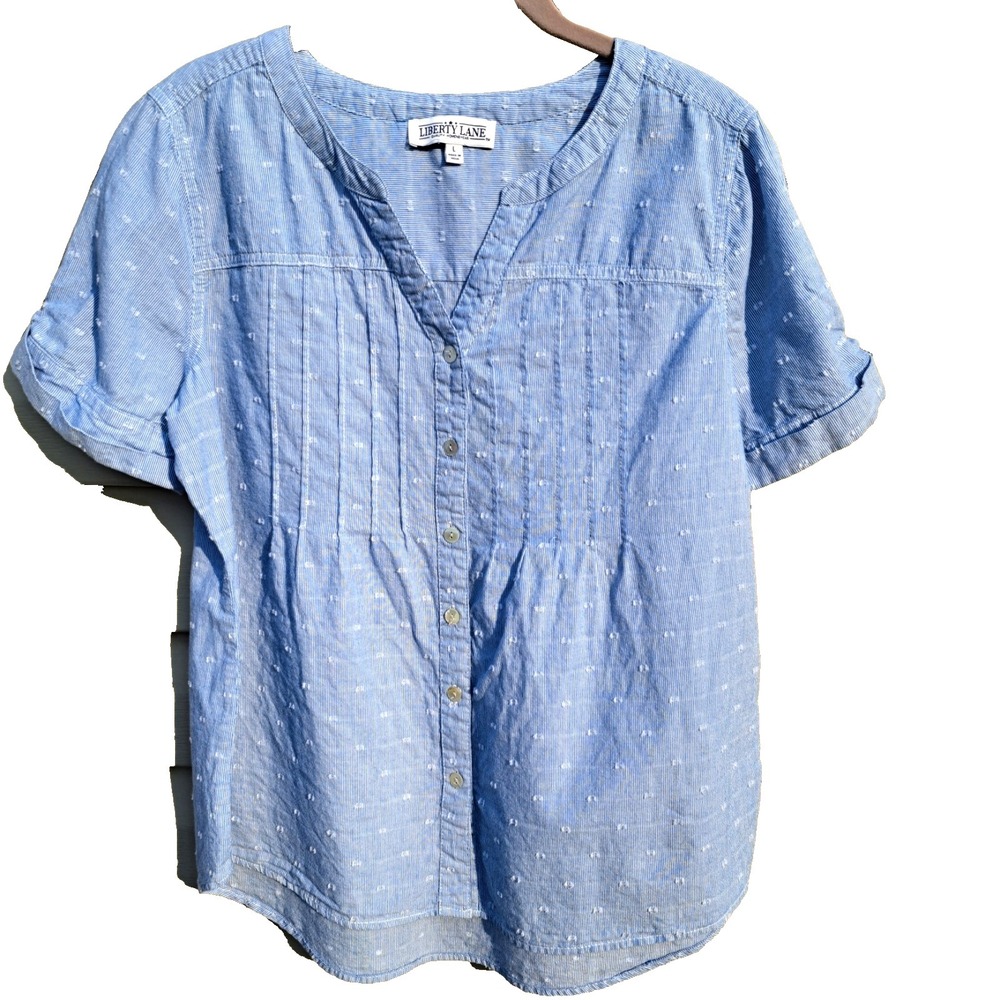 Liberty Lane Women's Blue Cotton Short Sleeve Button-Up Shirt Blouse Large